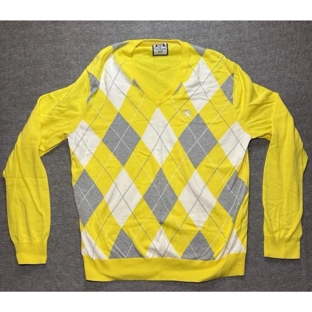 Express Men's Long Sleeve Sweater- XL/Yellow+Gray Plaid/ 100% Cotton/Casual